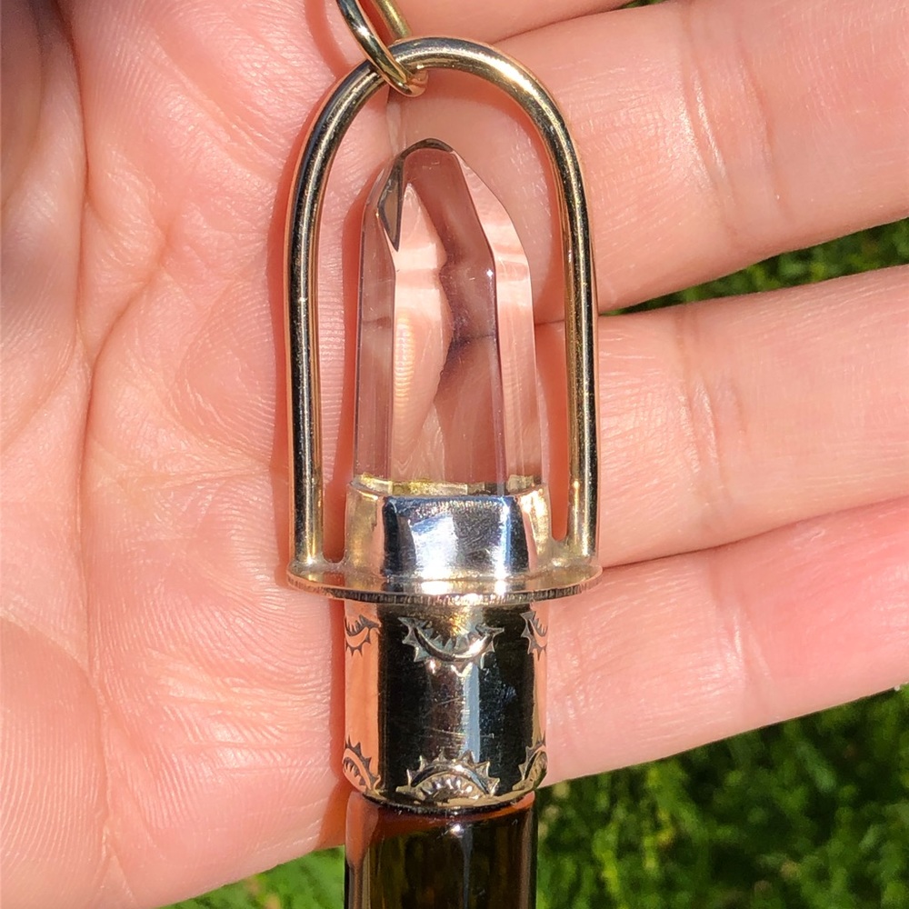 Roadkill Gems (RKG) Clear Quartz & Brass Rollerball Necklace with Chain